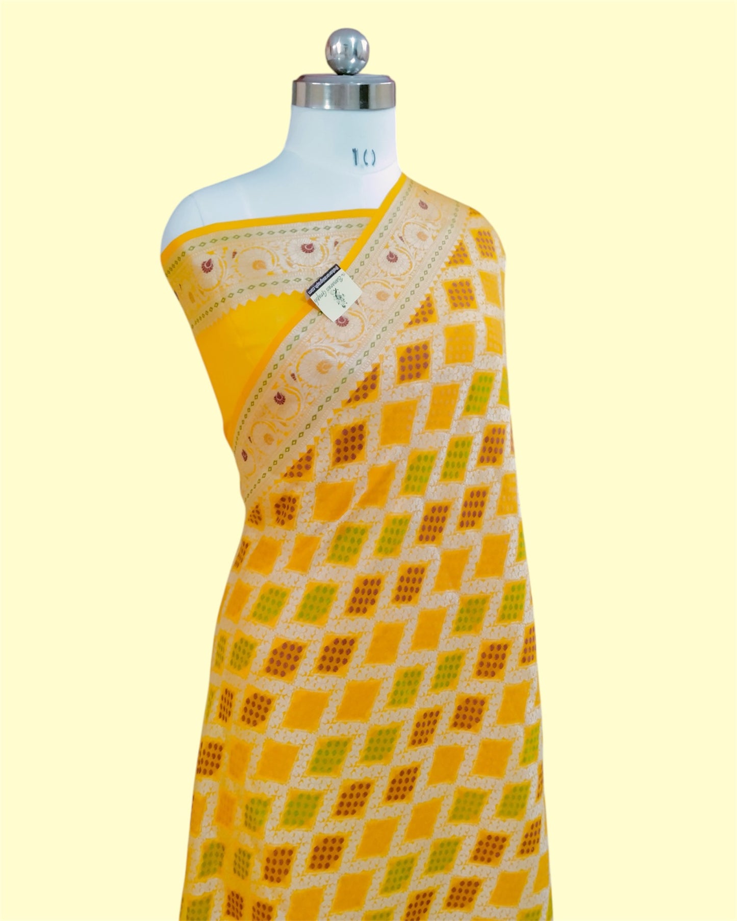 Yellow Pure Khaddi Chiffon Water Zari Multi Bhandej Banarasi Saree