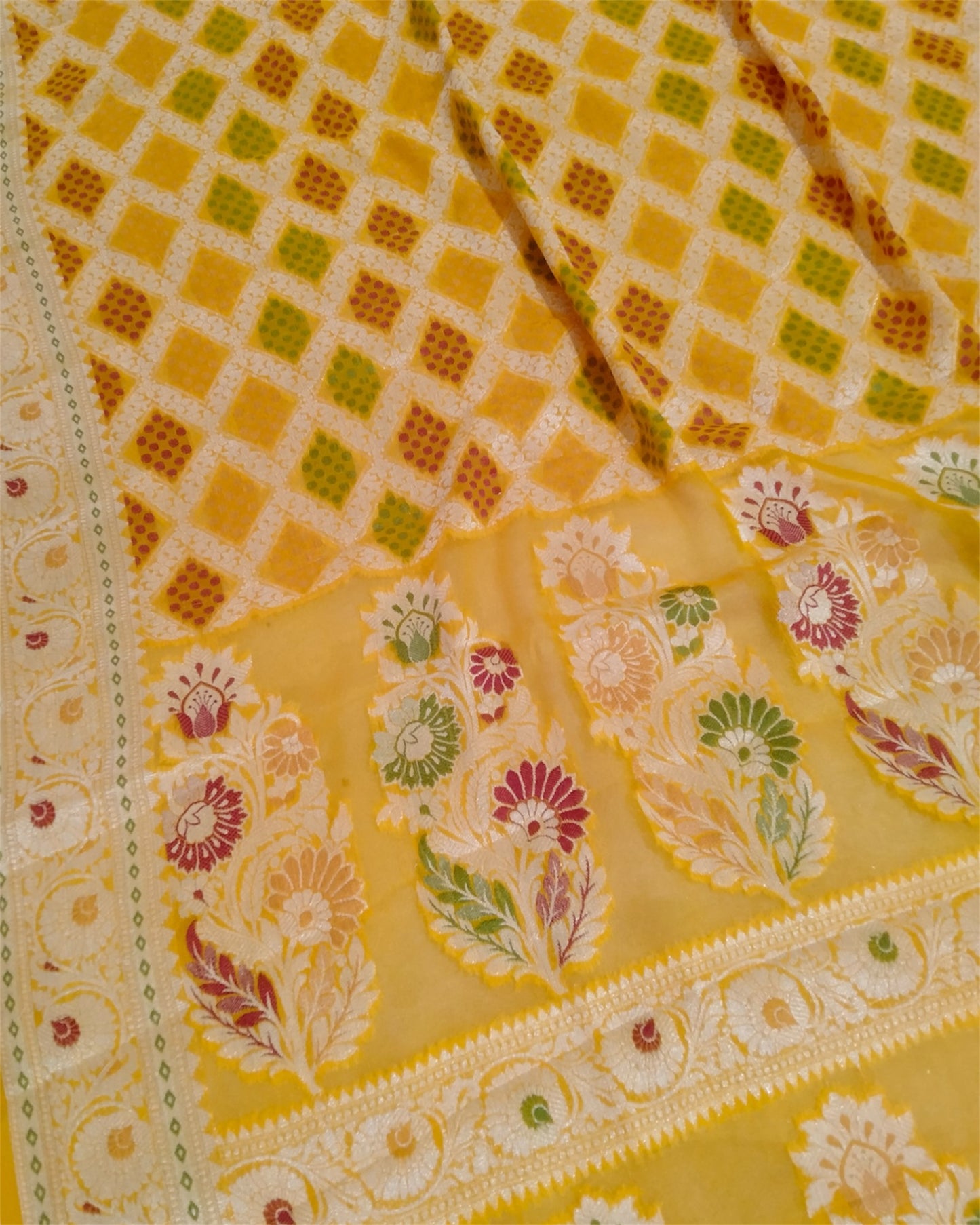 Yellow Pure Khaddi Chiffon Water Zari Multi Bhandej Banarasi Saree