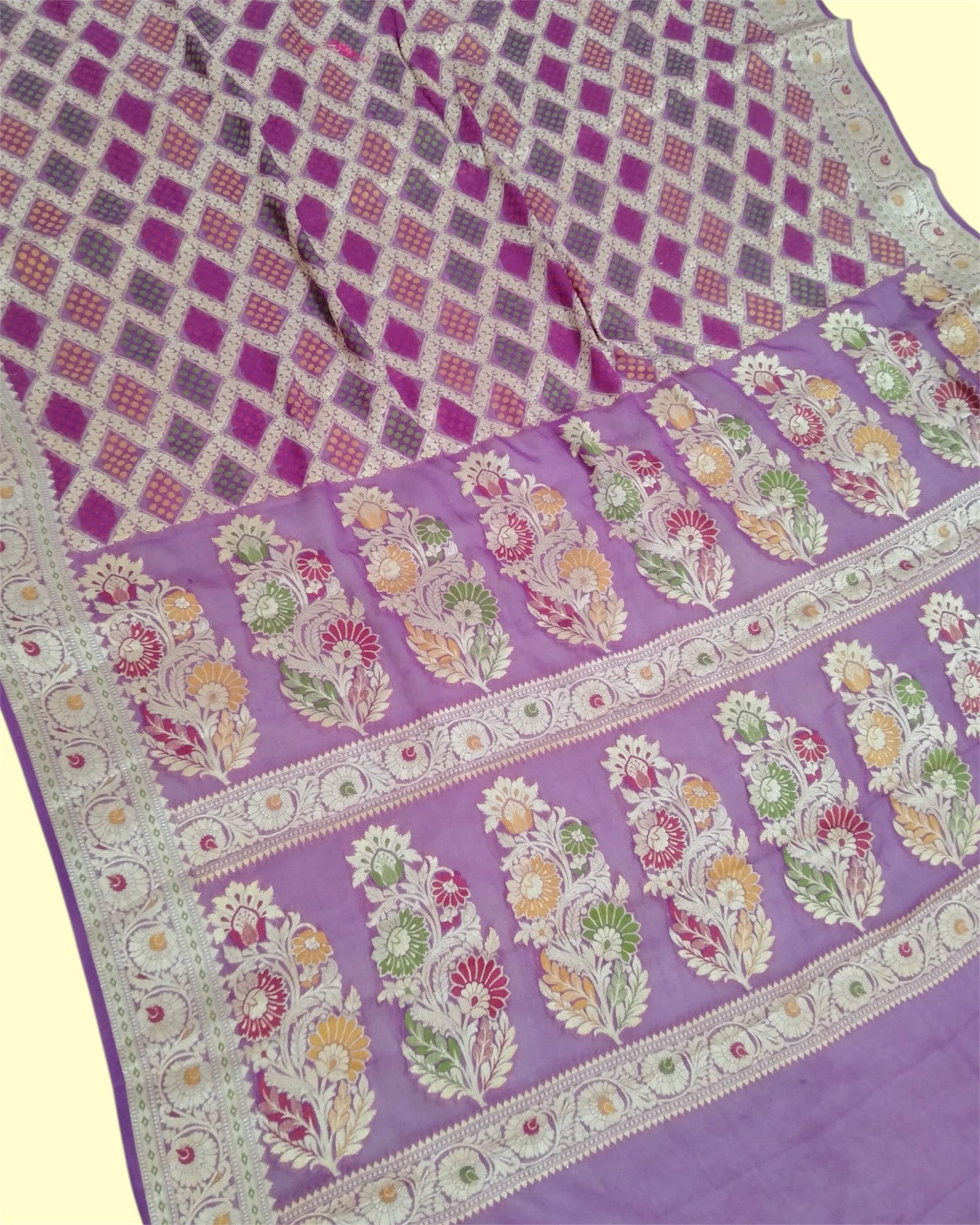 Purple Khaddi Chiffon - Water Zari Multi Bhandej Pure Banarasi Saree