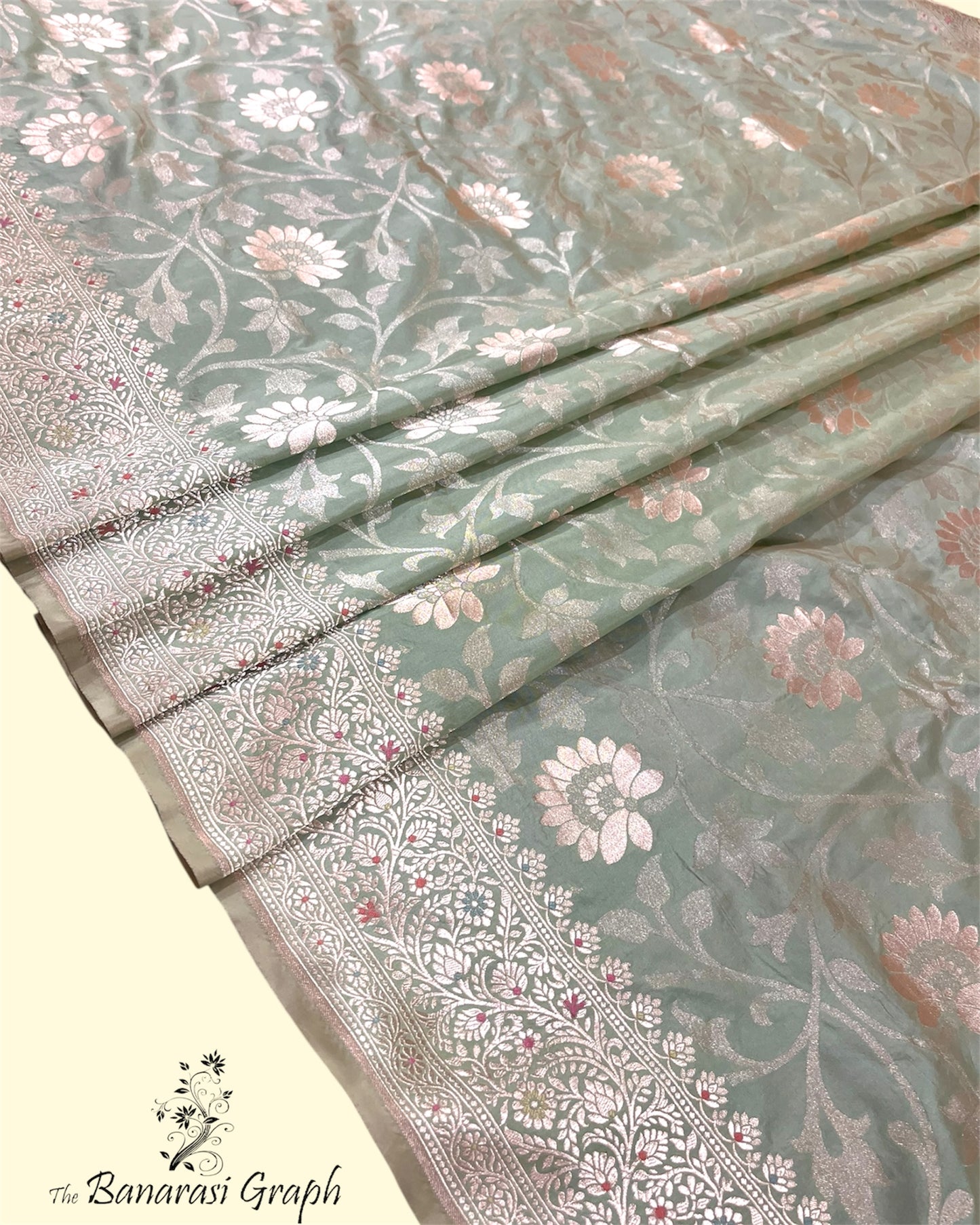 Pista Pure Katan Handloom Silk - All Over Jaal Work With Meenakari Banarasi Saree