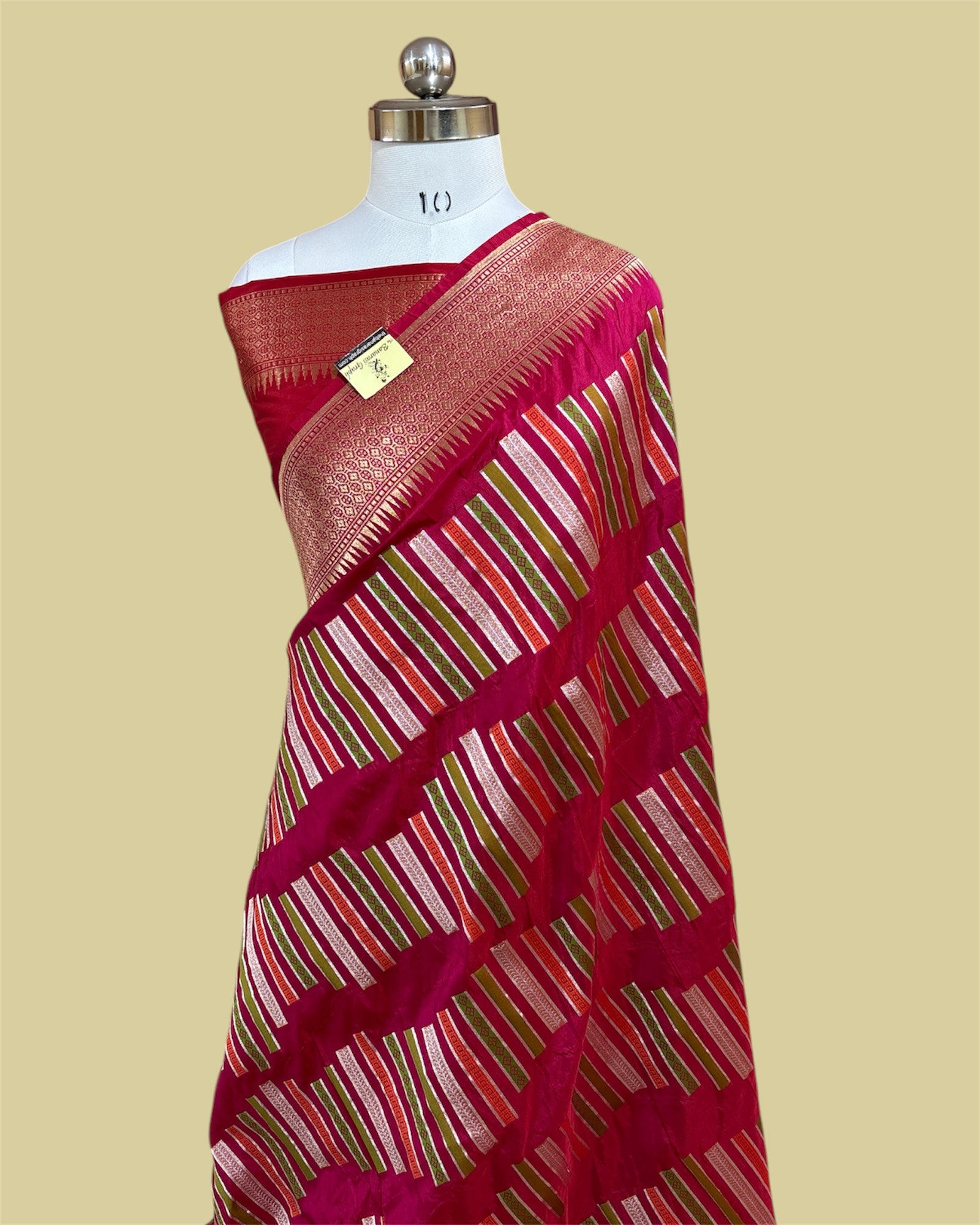 Hot Pink Pure Katan Handloom Silk - Strip Meenakari Banarasi Saree