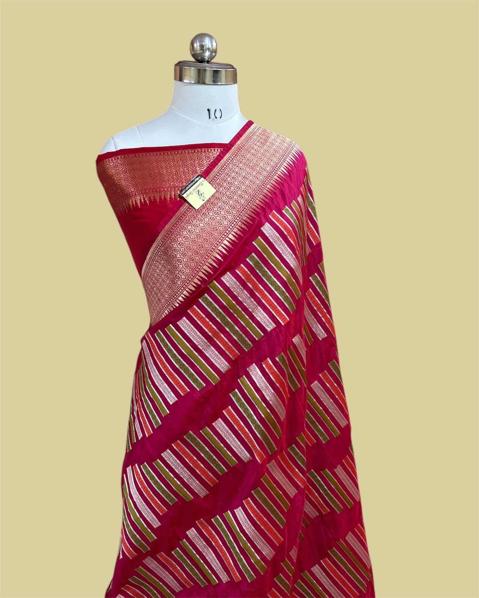Hot Pink Pure Katan Handloom Silk - Strip Meenakari Banarasi Saree