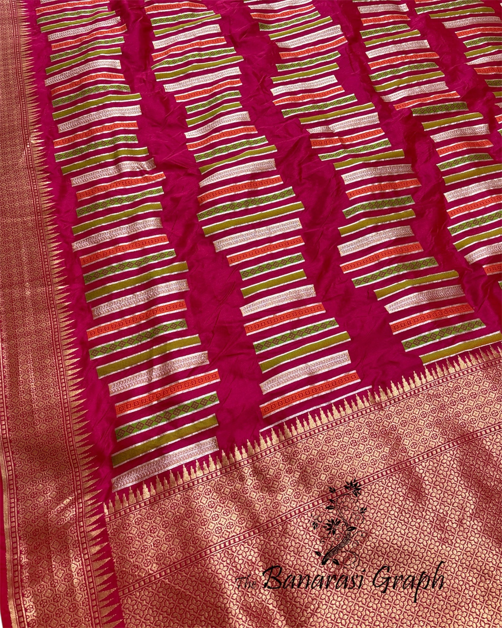 Hot Pink Pure Katan Handloom Silk - Strip Meenakari Banarasi Saree