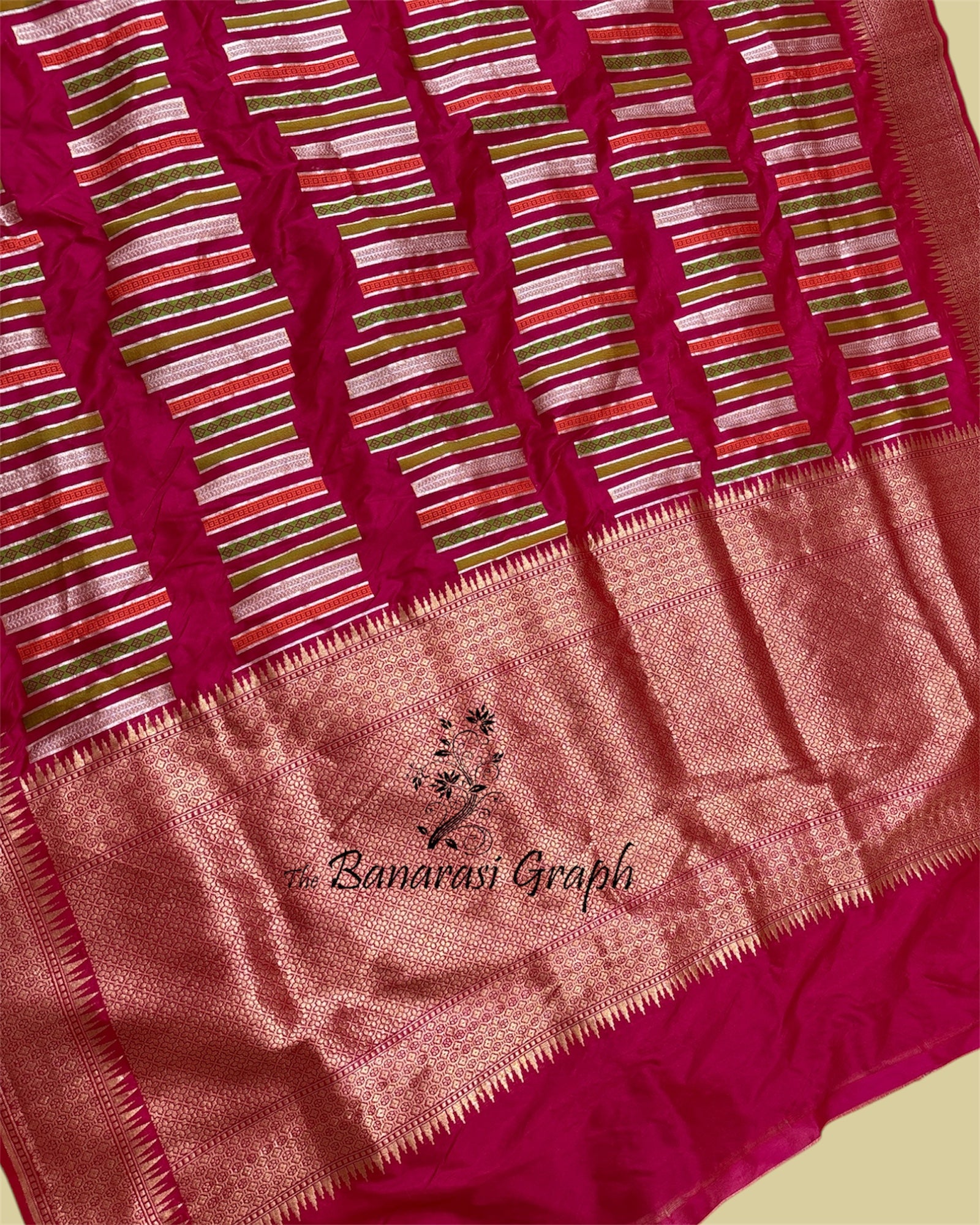 Hot Pink Pure Katan Handloom Silk - Strip Meenakari Banarasi Saree