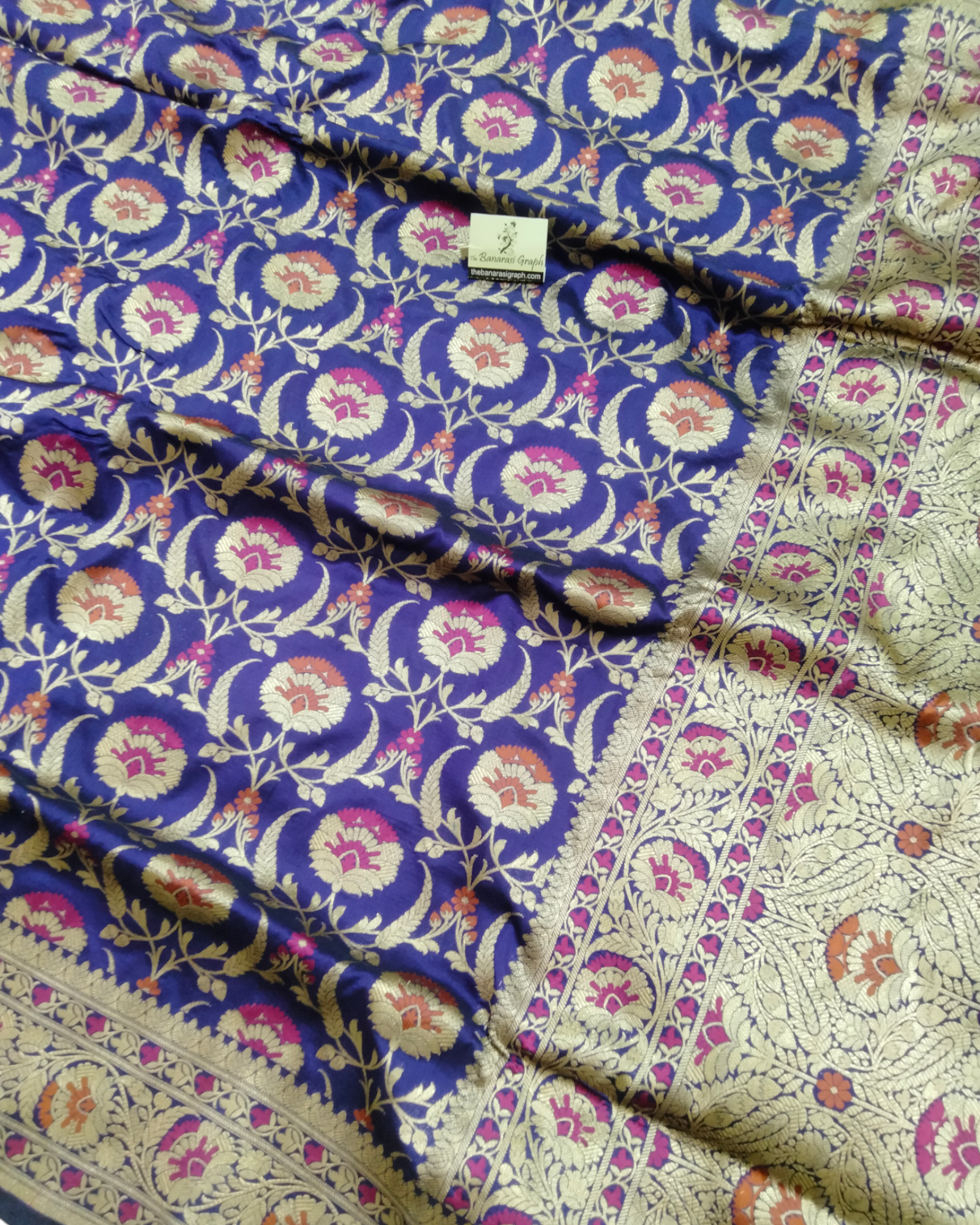 Dark Blue Pure Katan Handloom Silk - All over Jaal Work with Meenakari Banarasi Saree