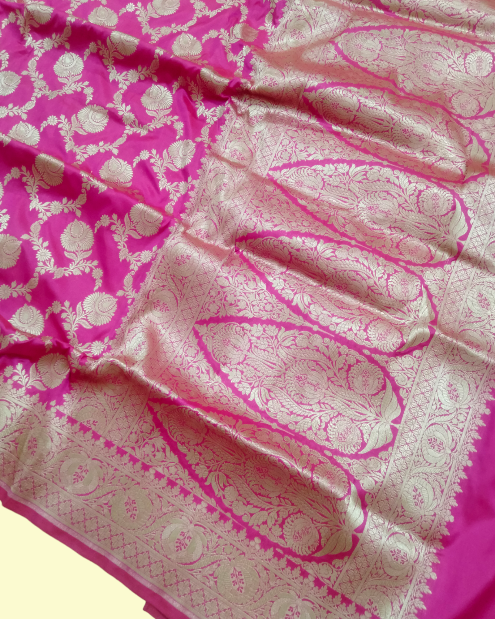 Hot Pink Pure Katan Handloom Silk - All over Jaal Work Banarasi Saree