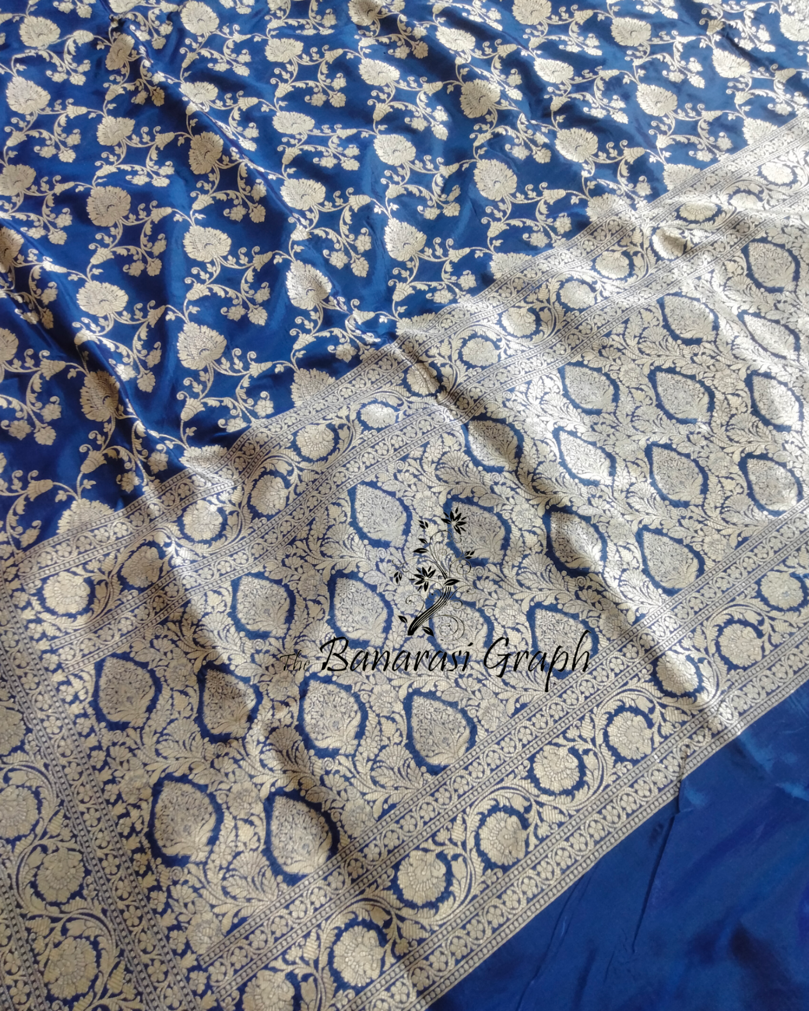 Royal Blue Pure Katan Handloom Silk - All over Jaal Work Banarasi Saree