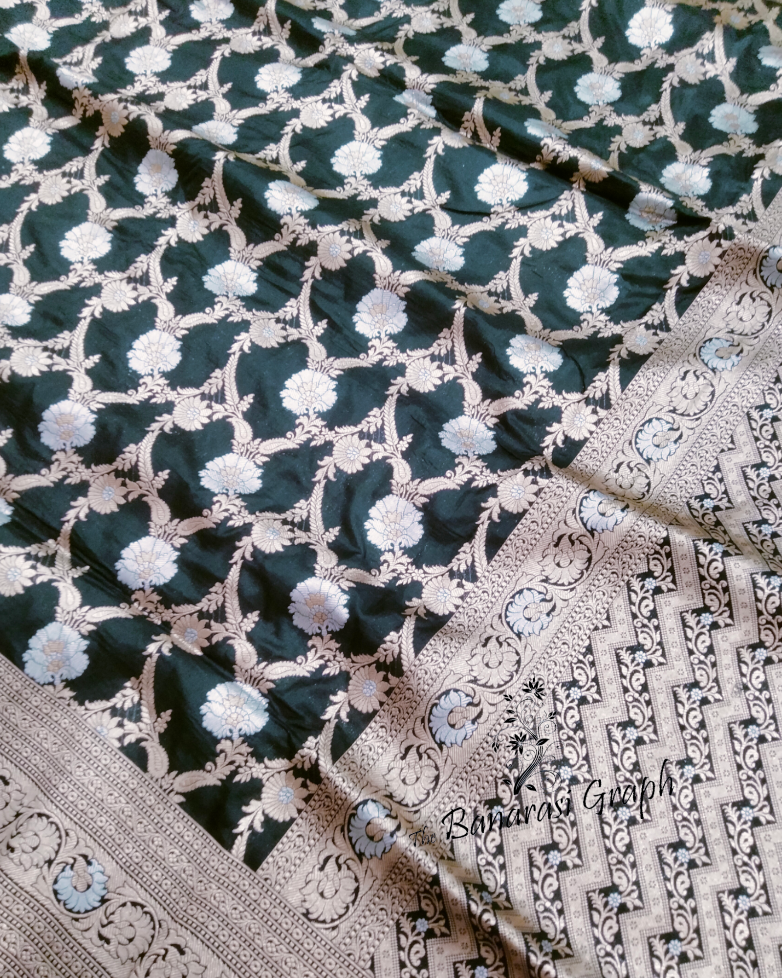 Black Pure Katan Handloom Silk - All Over Sona Rupa Jaal Work Banarasi Saree