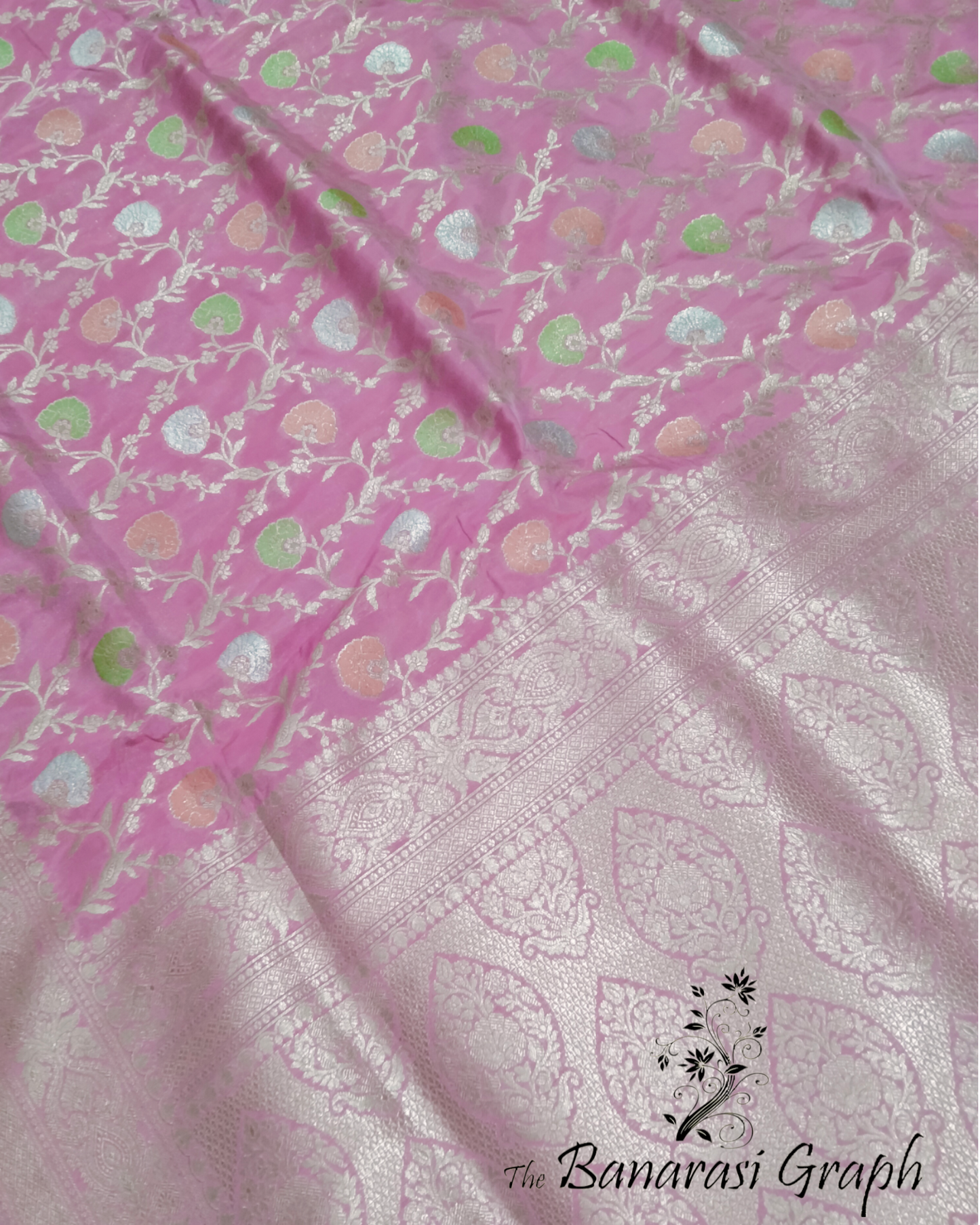 Pure Katan Handloom Silk - All over Jaal Work With Meenakari Banarasi Saree