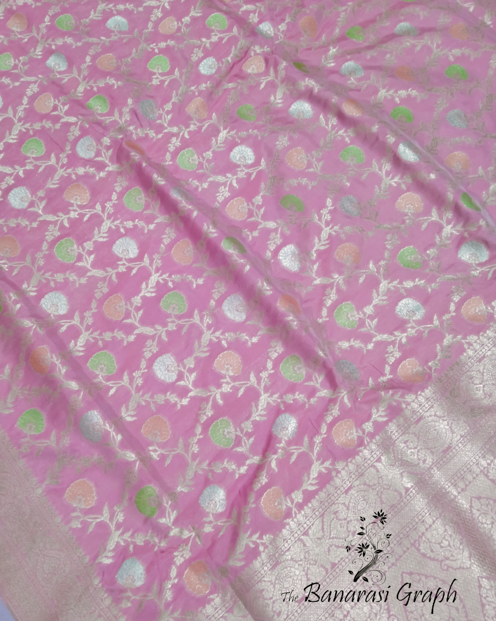 Baby Pink Pure Katan Handloom Silk - All over Jaal Work With Meenakari Banarasi Saree