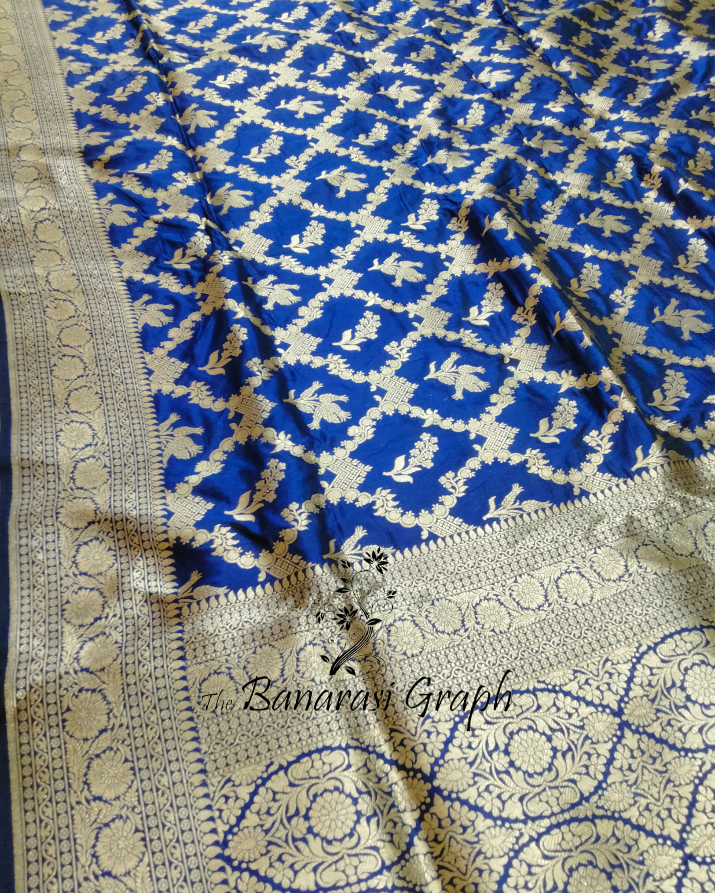 Royal Blue Pure Katan Handloom Silk - All Over Jaal Work Banarasi Saree
