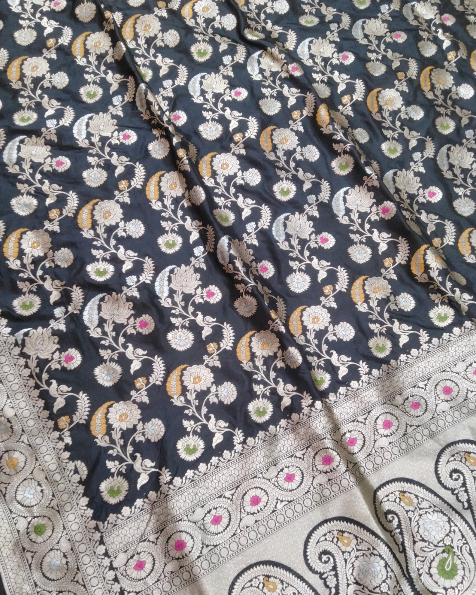 Black Pure Katan Handloom Silk - All Over Jaal Work with Tilfi Meenakari Banarasi Saree