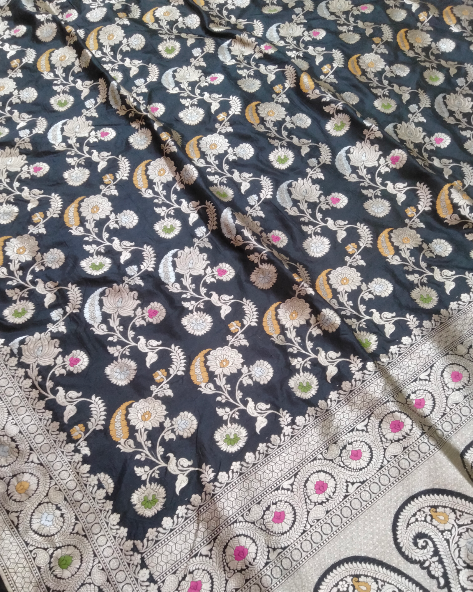 Black Pure Katan Handloom Silk - All Over Jaal Work with Tilfi Meenakari Banarasi Saree