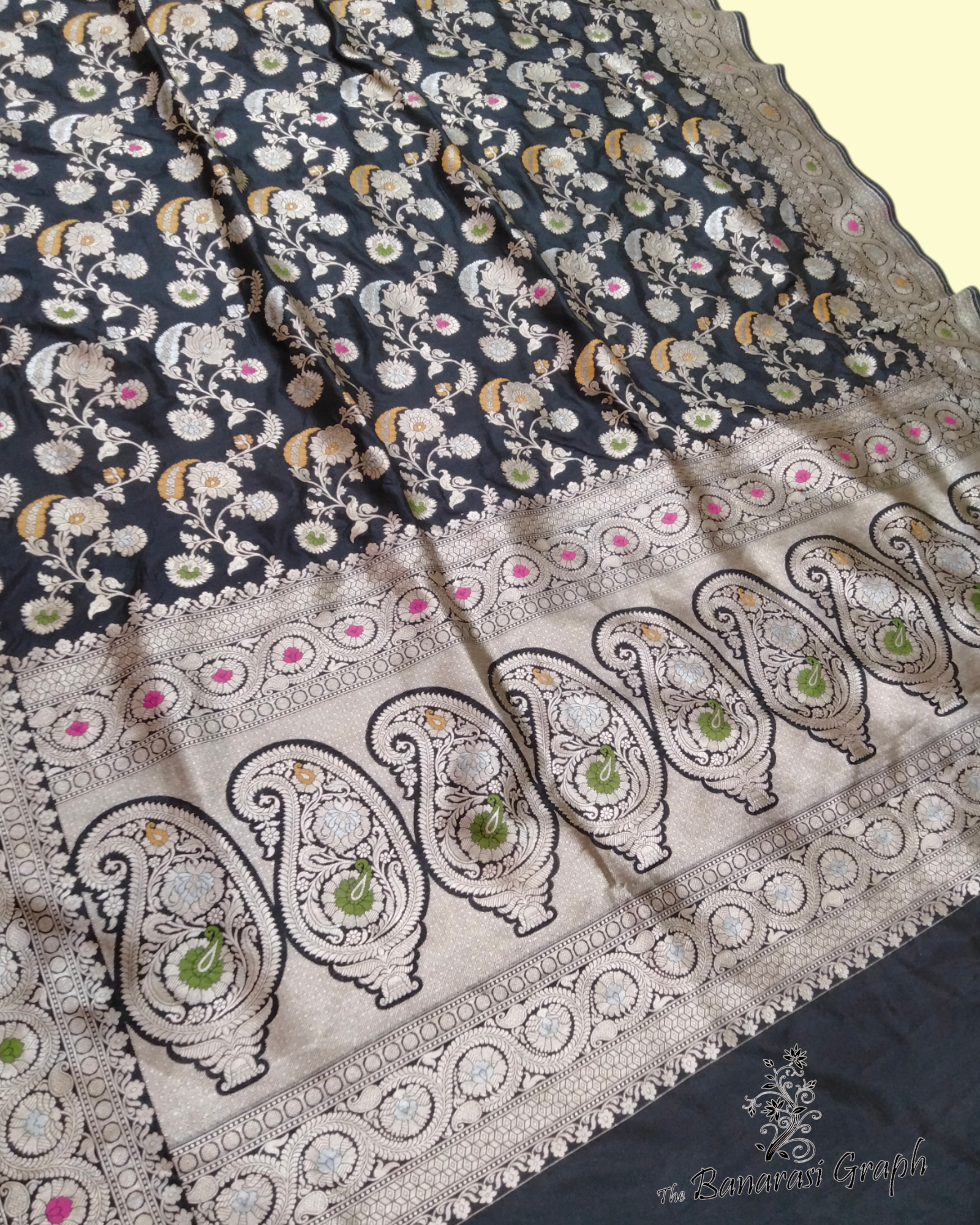 Black Pure Katan Handloom Silk - All Over Jaal Work with Tilfi Meenakari Banarasi Saree