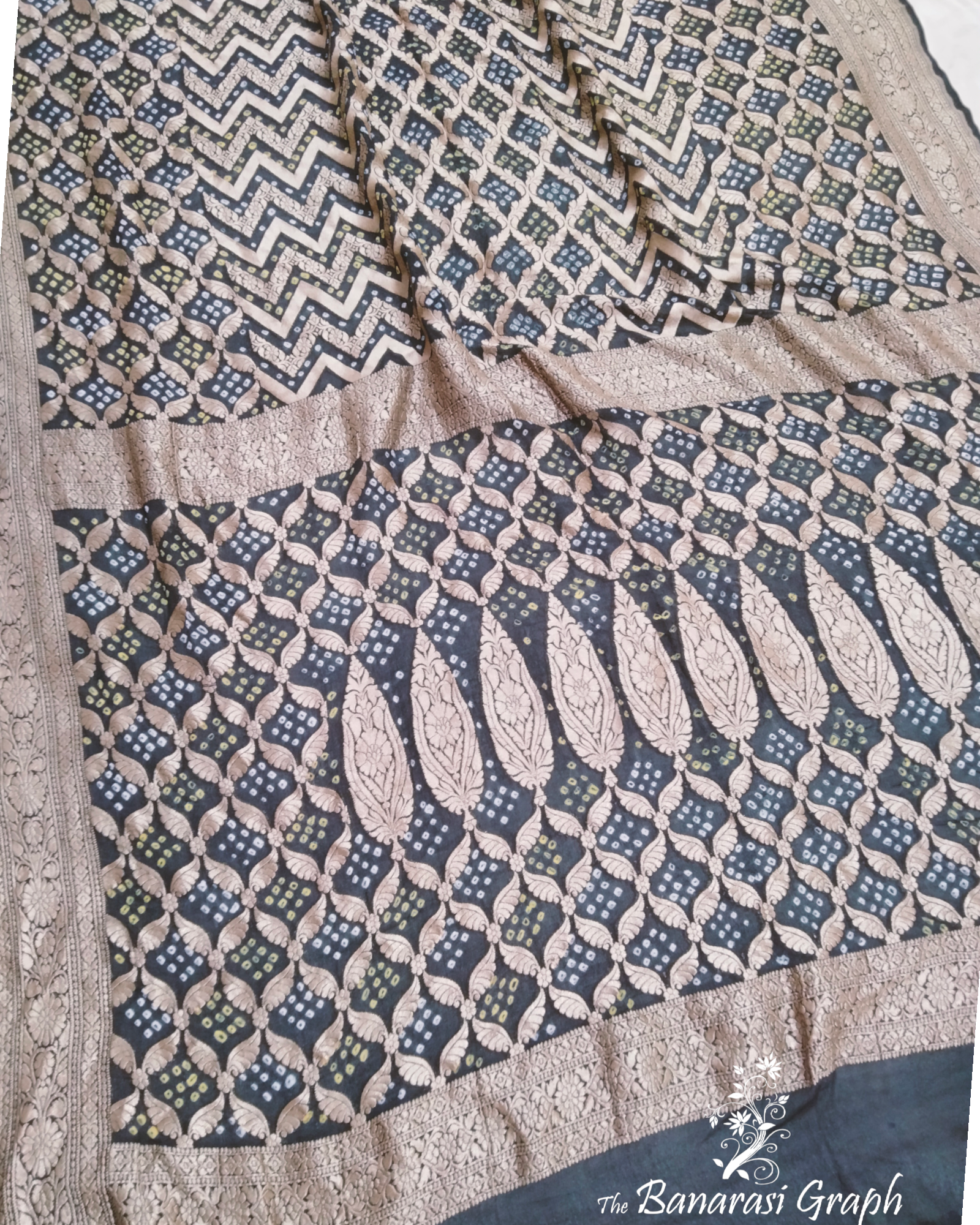 Black Pure Georgette Bandhani Banarasi Saree