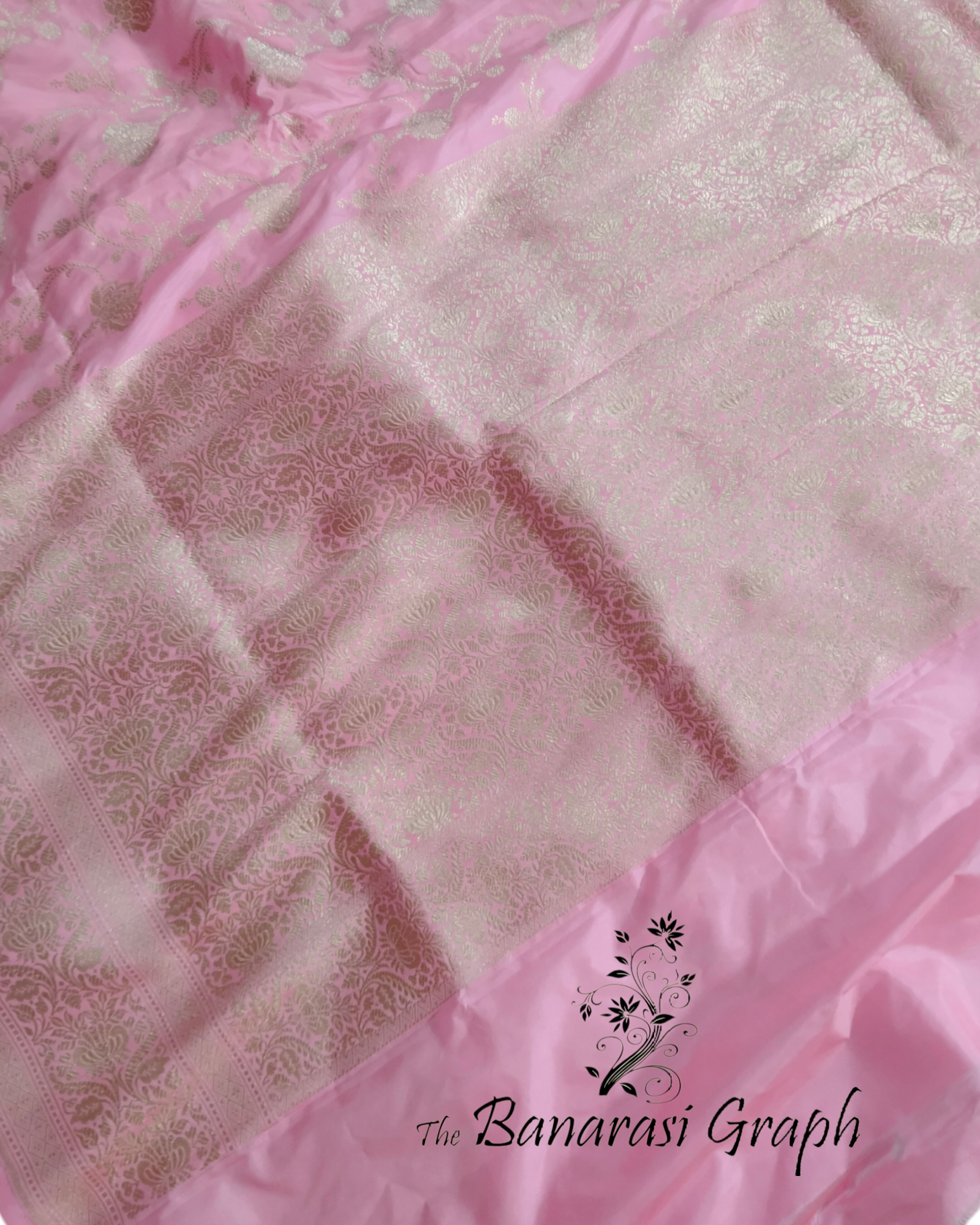 Baby Pink Pure Katan Handloom Silk - All Over Jaal Work Banarasi Saree