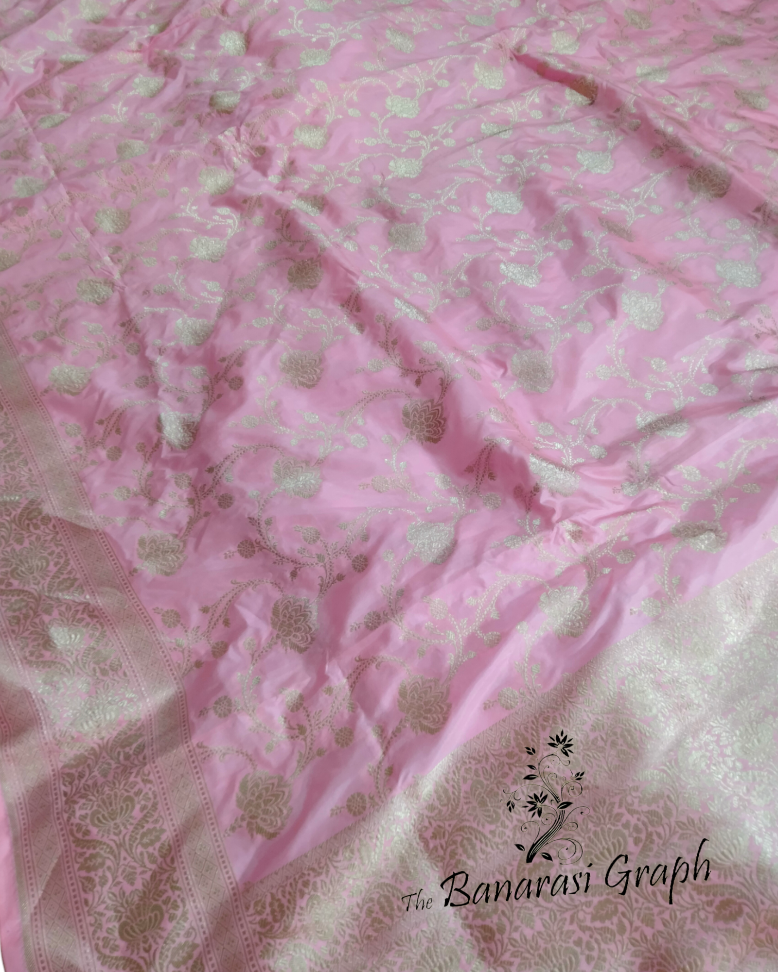 Baby Pink Pure Katan Handloom Silk - All Over Jaal Work Banarasi Saree