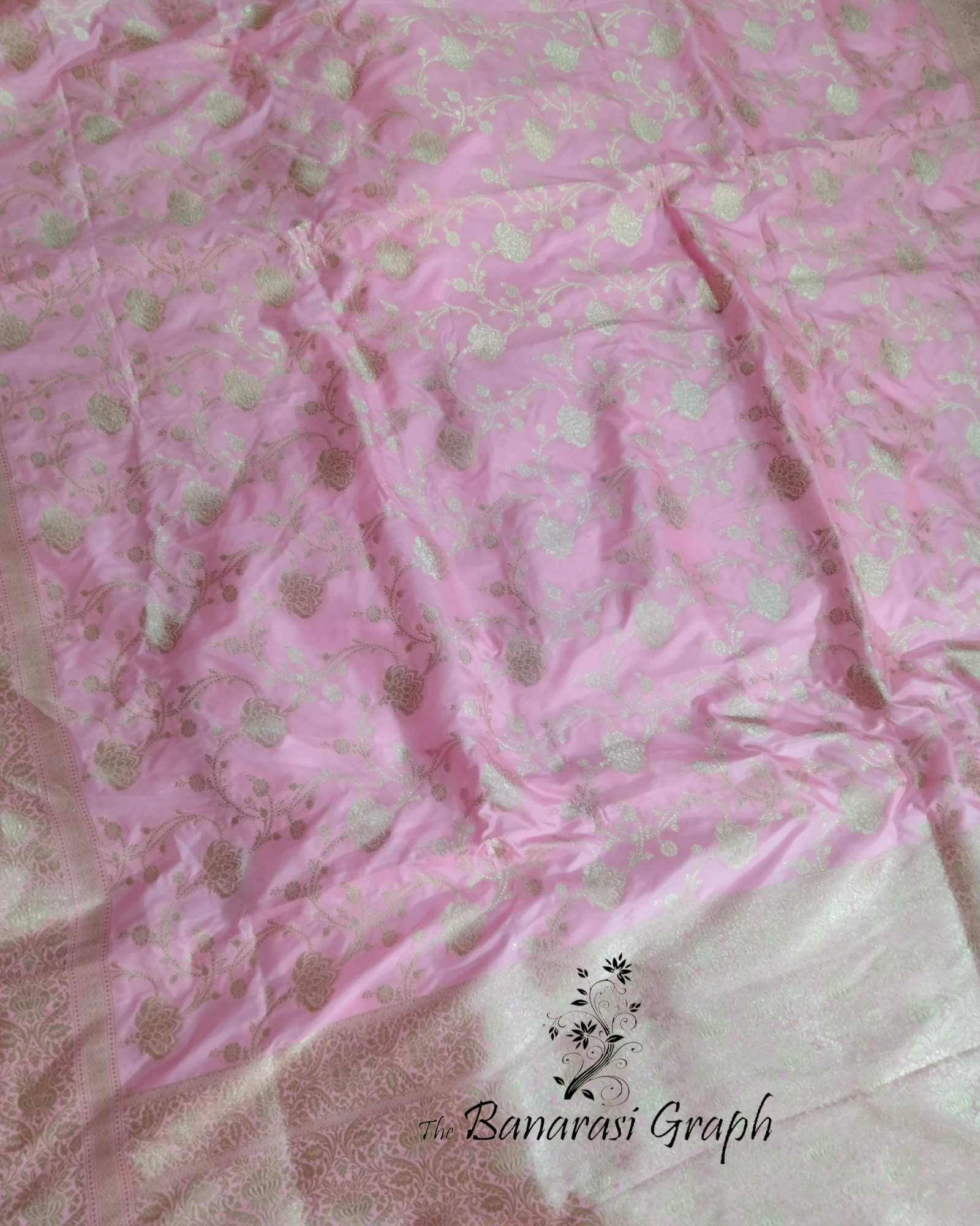 Baby Pink Pure Katan Handloom Silk - All Over Jaal Work Banarasi Saree