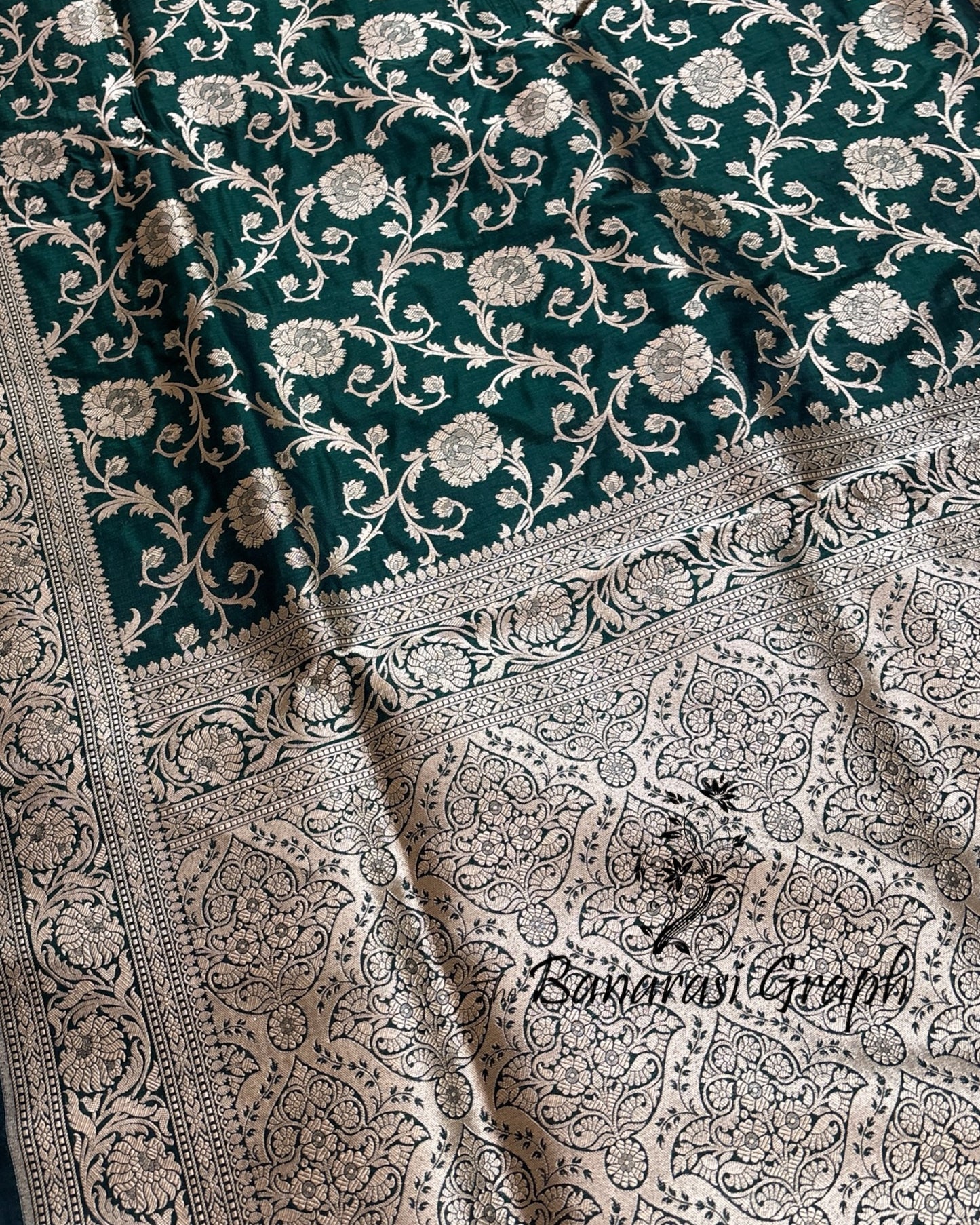 Dark Green Pure Katan Uppada Handloom Silk - All Over Jaal Work Banarasi Saree