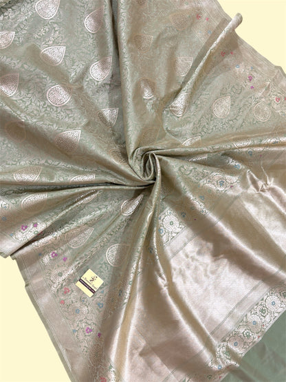 Pista Pure Katan Handloom Silk - All Over Jaal Work with Meenakari Banarasi Saree