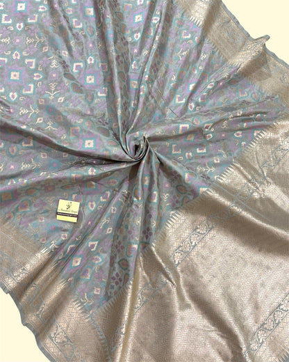 Grey Pure Katan Handloom Silk - All Over Jaal Work With Meenakari Banarasi Saree