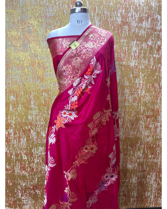 Hot Pink Pure Katan Handloom Silk - Kadhua Motifs Sona Rupa With Meenakari Banarasi Saree