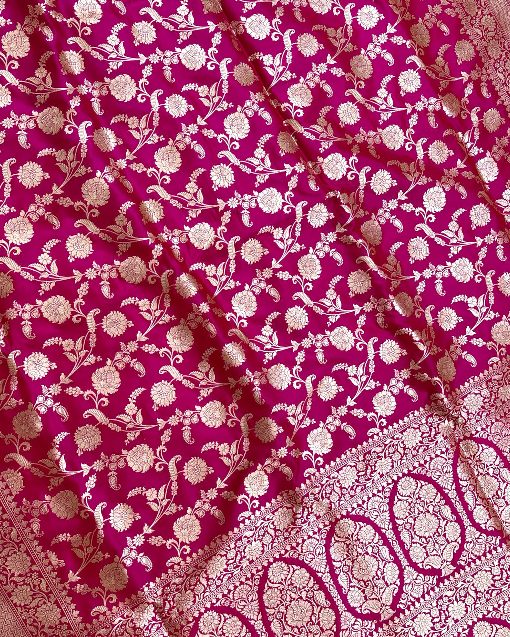 Hot Pink Pure Katan Handloom Silk - All Over Jaal Work Banarasi Saree