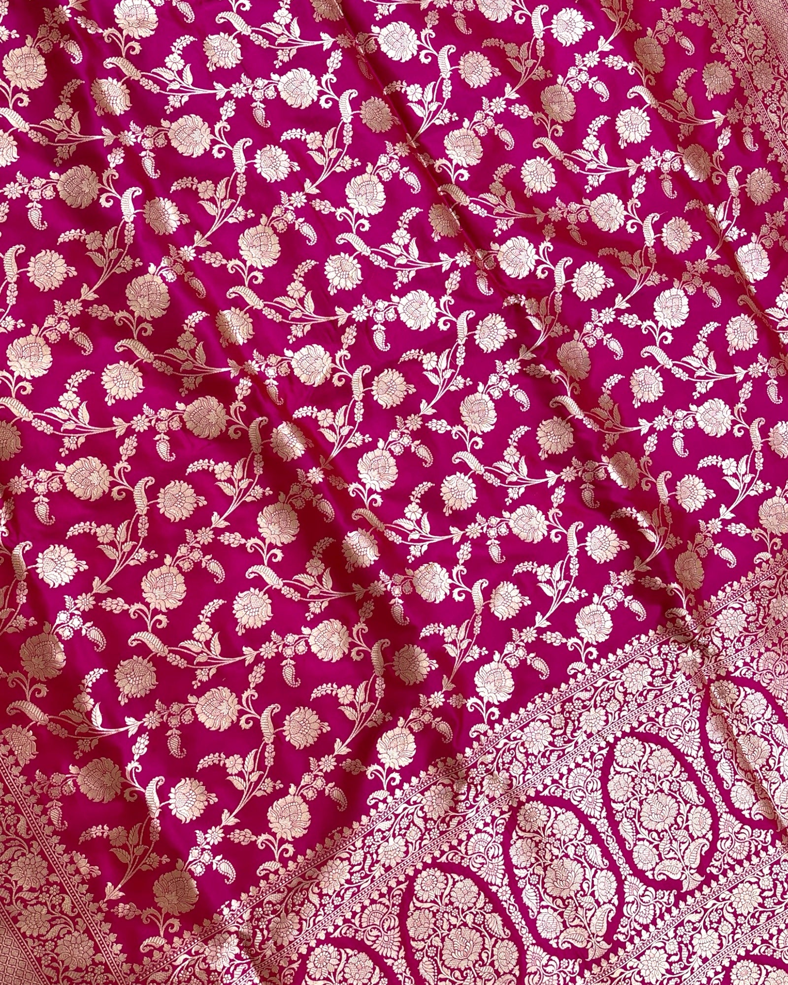 Hot Pink Pure Katan Handloom Silk - All Over Jaal Work Banarasi Saree