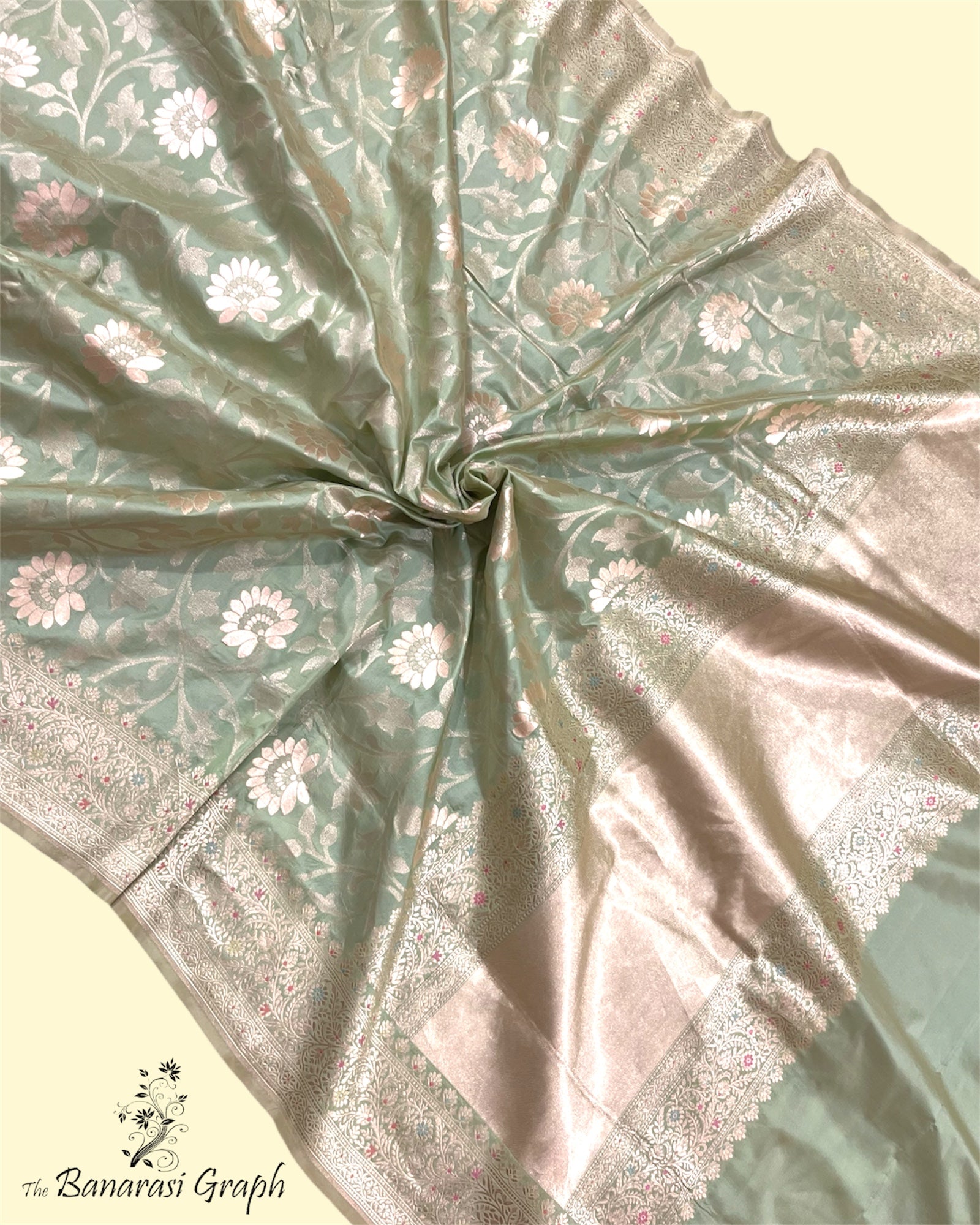 Pista Pure Katan Handloom Silk - All Over Jaal Work With Meenakari Banarasi Saree