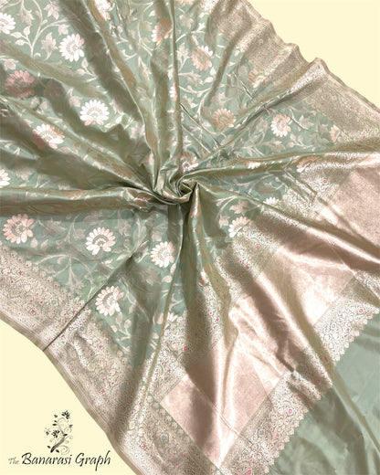 Pista Pure Katan Handloom Silk - All Over Jaal Work With Meenakari Banarasi Saree