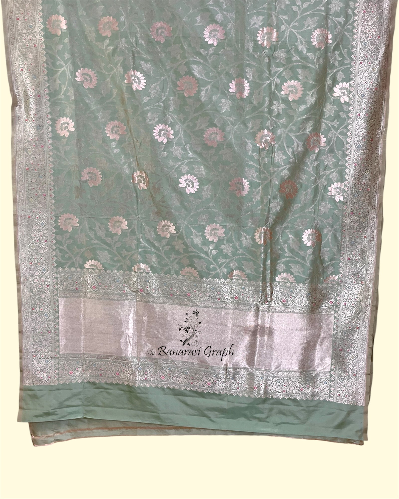 Pista Pure Katan Handloom Silk - All Over Jaal Work With Meenakari Banarasi Saree