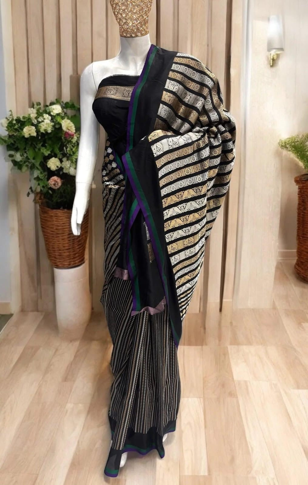 Nita Ambani Black Pure Katan Handloom Silk - Sona Rupa Strip Work Banarasi Saree