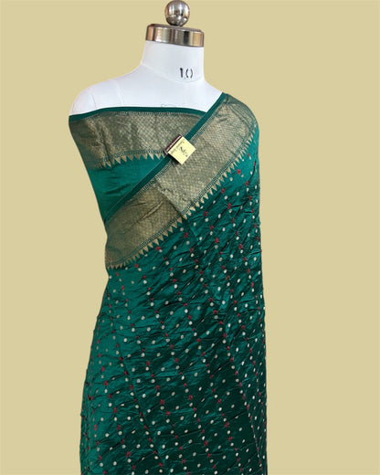 Dark Green Pure Chiniya Bhandej Silk - Banarasi Saree