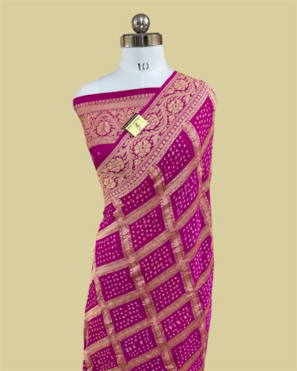 Hot Pink Pure Georgette Handloom Bhandej - Banarasi Saree