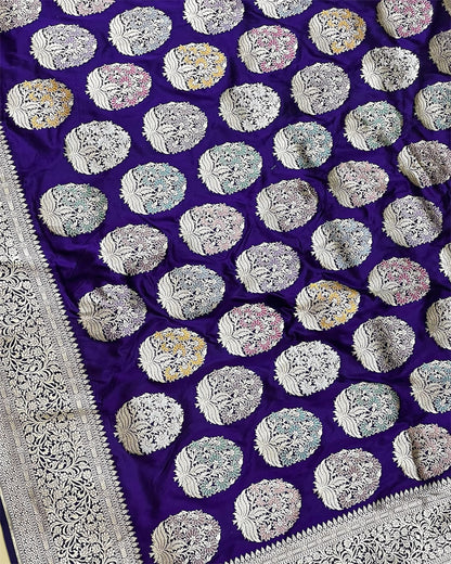 Dark Violet Pure Katan Handloom Silk - All Over Boota Work With Meenakari Banarasi Saree