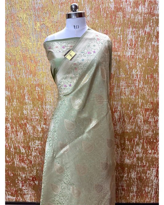 Pista Pure Katan Handloom Silk - All Over Jaal Work with Meenakari Banarasi Saree