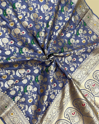Grey Pure Katan Handloom Silk - All Over Jaal Work with Tilfi Meenakari Banarasi Saree