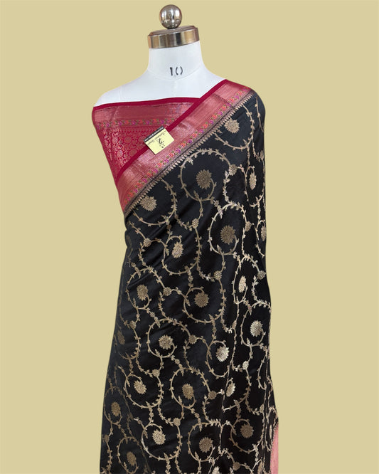 Black Pure Chiniya Silk - All Over Jaal Work Banarasi Saree