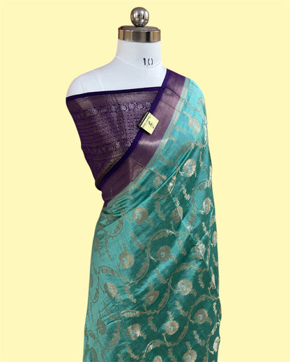 C Green Pure Chiniya Silk - All Over Jaal Work Banarasi Saree