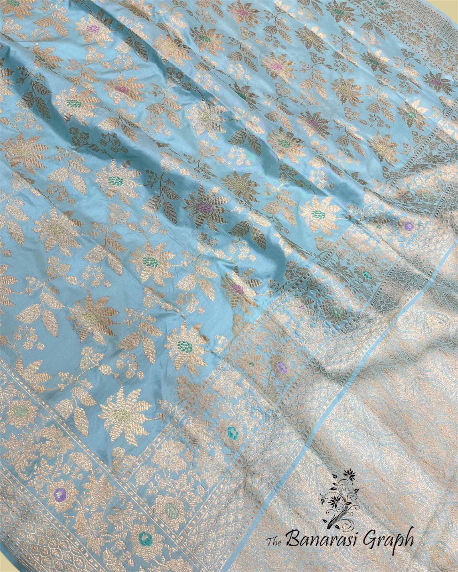 Sky Blue Pure Katan Handloom Silk Kadhua Jaal Work With Meenakari - Banarasi Saree