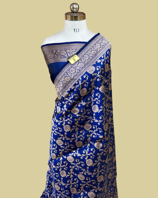 Royal Blue Pure Katan Uppada Handloom Silk - All Over Jaal Work Banarasi Saree