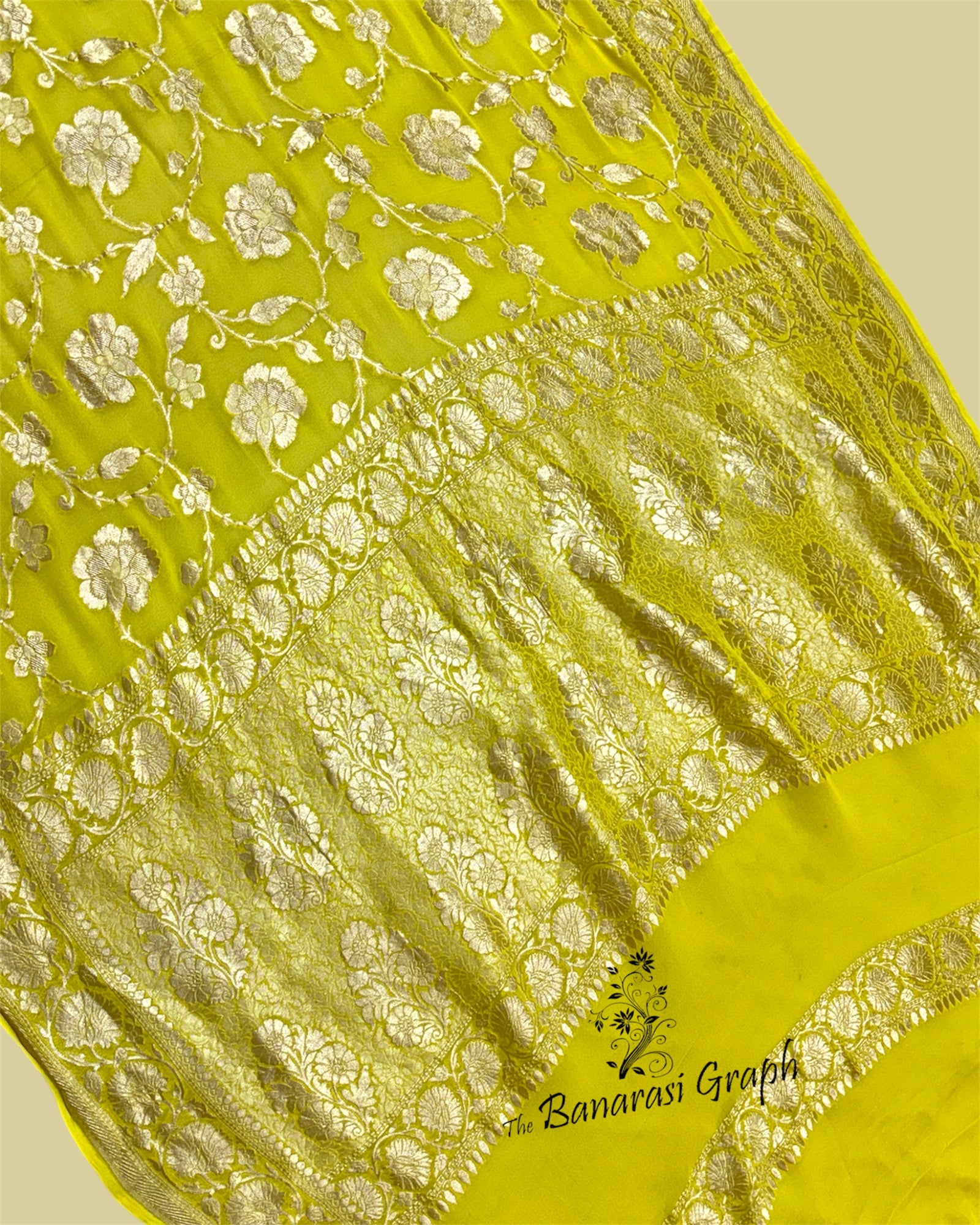 Yellow Khaddi Georgette Water Zari - All over Jaal Work Pure Banarasi Saree