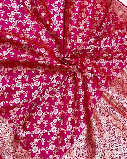 Hot Pink Pure Katan Handloom Silk - All Over Jaal Work With Tilfi Meenakari Banarasi Saree