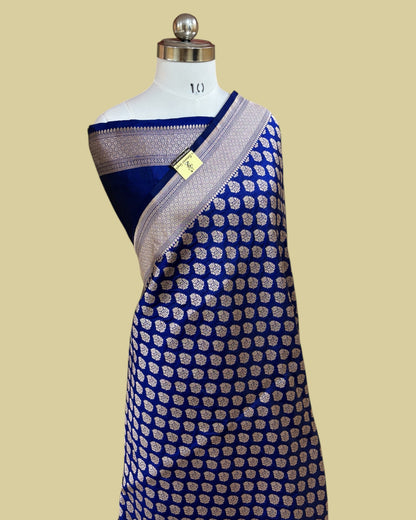 Royal Blue Pure Katan Uppada Handloom Silk - All Over Booti Work Banarasi Saree