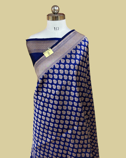 Royal Blue Pure Katan Uppada Handloom Silk - All Over Booti Work Banarasi Saree