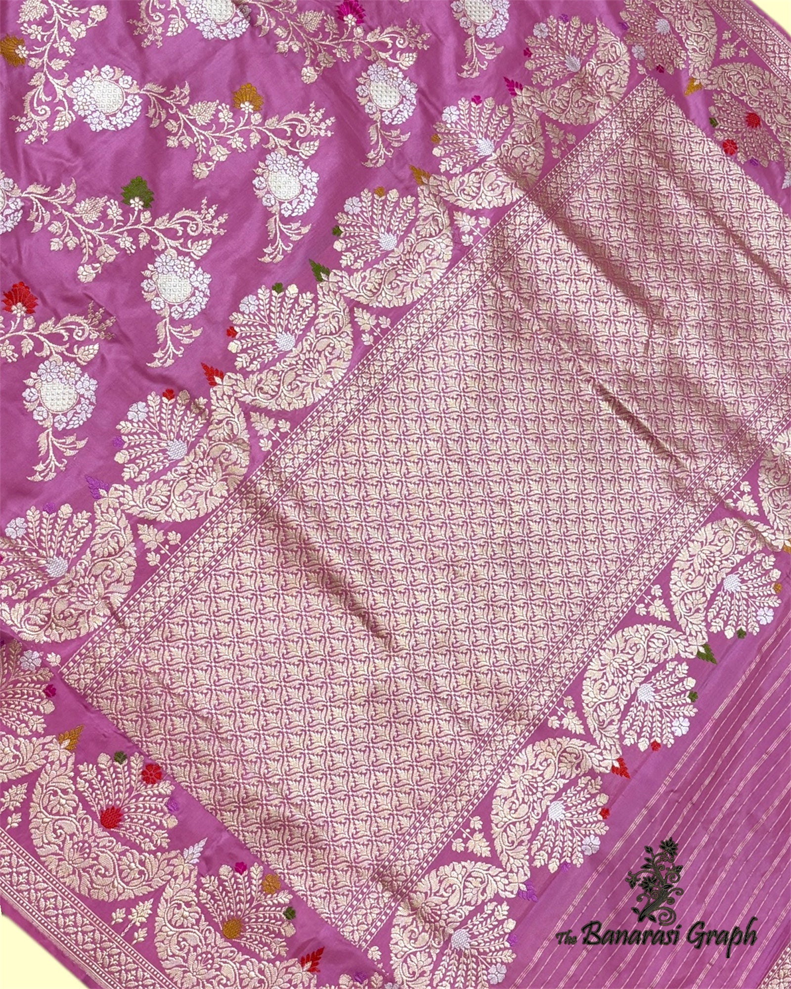 Pink Pure Katan Handloom Silk - All Over Jaal Work Kadhua Motifs with Meenakari Sona Rupa Banarasi Saree