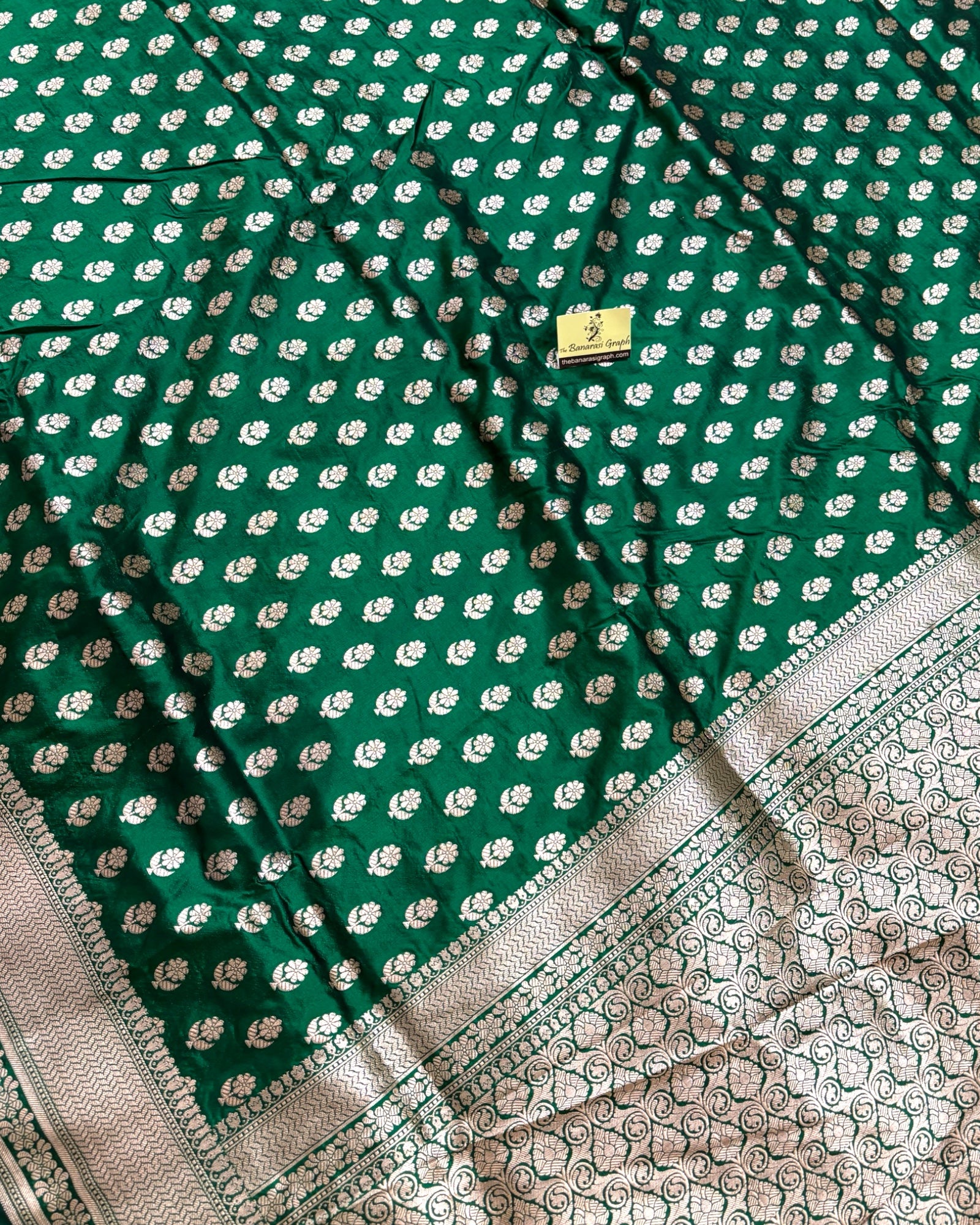 Green Pure Katan Handloom Silk - All Over Booti Work Banarasi Saree