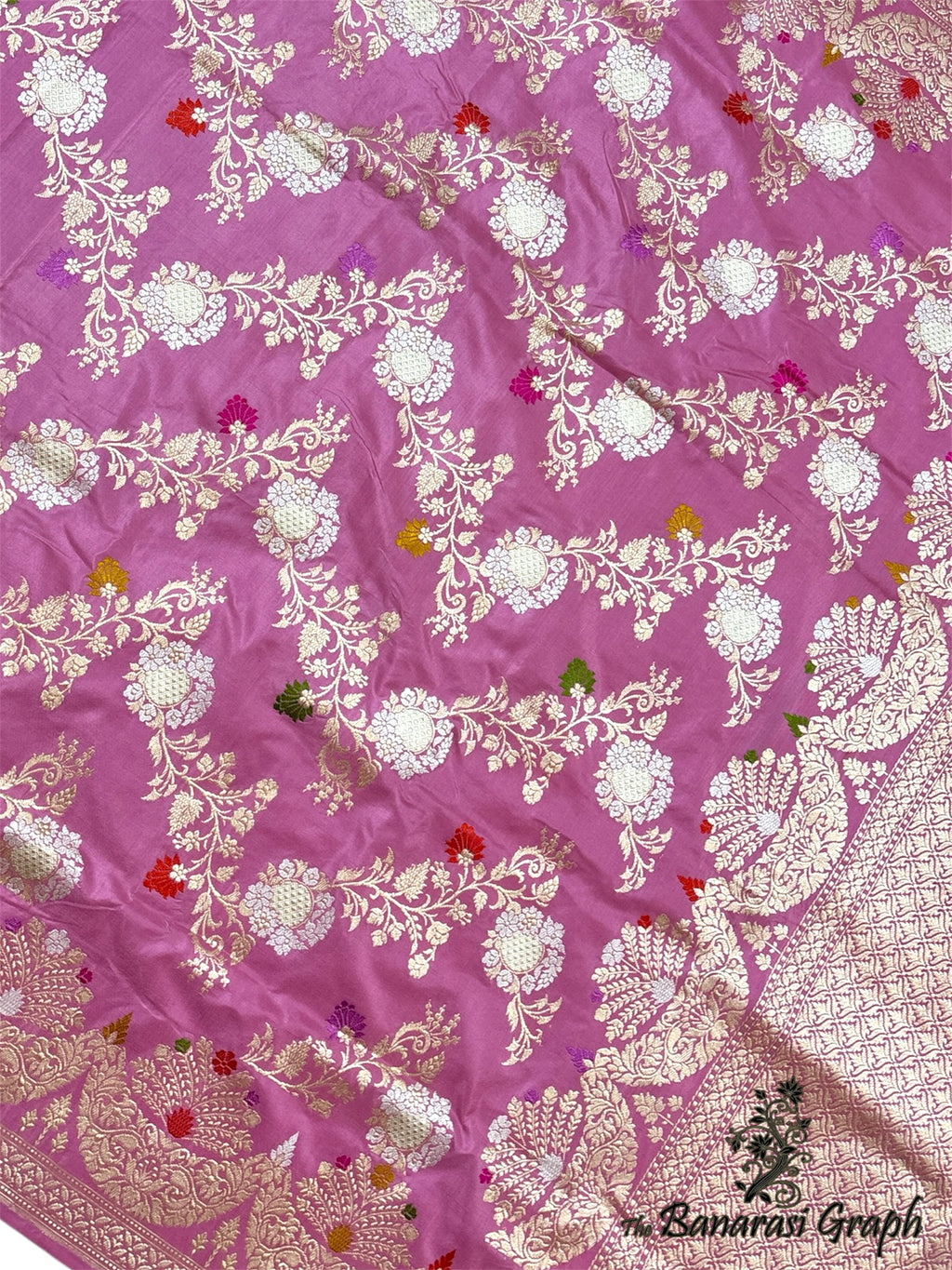 Pink Pure Katan Handloom Silk - All Over Jaal Work Kadhua Motifs with Meenakari Sona Rupa Banarasi Saree