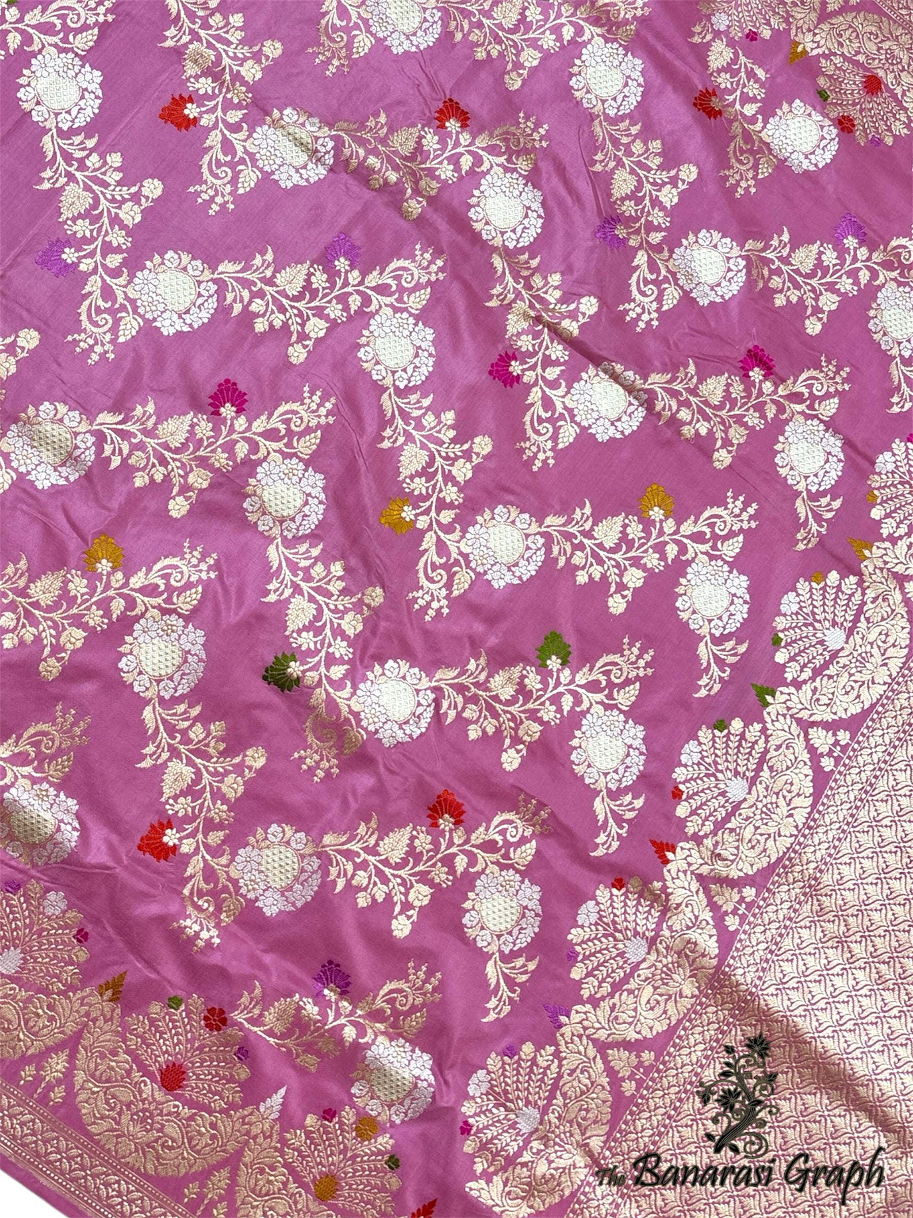 Pink Pure Katan Handloom Silk - All Over Jaal Work Kadhua Motifs with Meenakari Sona Rupa Banarasi Saree
