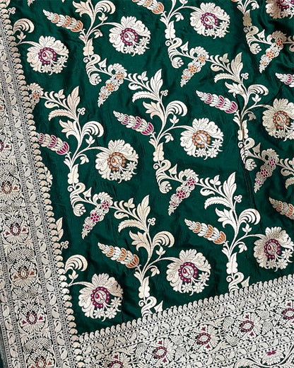 Dark Green Pure Katan Handloom Silk - All Over Jaal Work with Tilfi Meenakari Banarasi Saree